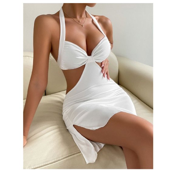 Backless Halter Neck Cut Out Dress Hollow Out Micro Mini White Cocktail Dress - Picture 2 of 5